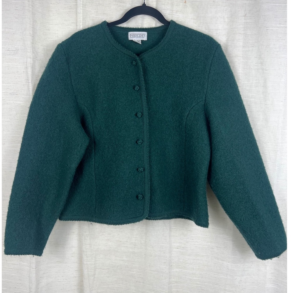 Lands End Forest Green 100% Boiled Wool Button Front Cardigan Sweater. Womens 16